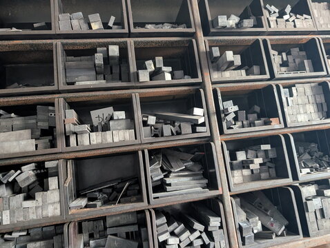 Aged Lead Typesetting Blocks Industrial Shelf