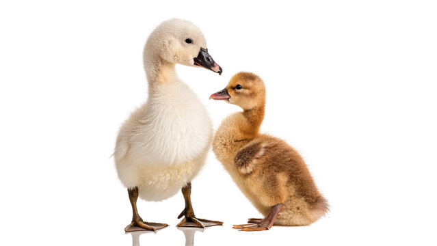 Two cute baby duckling and gosling standing together isolated on transparent background for spring easter farming