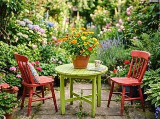 Fototapeta premium A round green wooden table and two red chairs set on a stone patio in a lush cottage garden