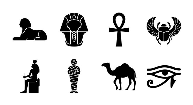 Ancient Egyptian Icons Collection, Pharaoh, Sphinx, Ankh, Scarab, Mummy, Camel, Eye of Horus Symbols, Black Silhouette Vector Graphics