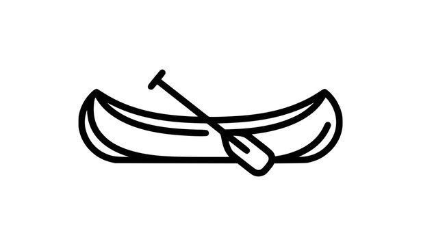 Minimalist canoe line art logo mark with paddle vector icon in clean black monoline style for outdoor brand