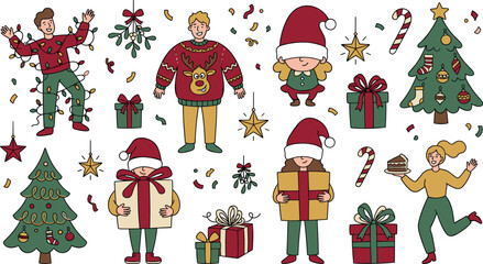 Naklejka premium Christmas Holiday Characters and Festive Elements Flat Vector Illustration Set with Gifts Santa Hats Trees Decorations and Seasonal Celebration Icons