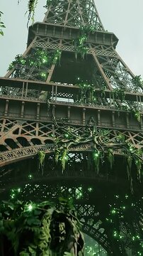 Eiffel Tower wrapped in glowing vines as camera tilts upward, revealing illuminated green foliage, misty interior structure, and iron lattice details against pale sky, architecture detail