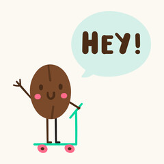 Minimalist cute coffee bean character on scooter flat vector illustration funny happy cafe mascot waving hand hey speech bubble isolated sticker design