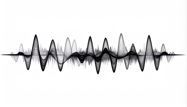 Black and grey waveform graphic on white, abstract, dynamic, visual sound