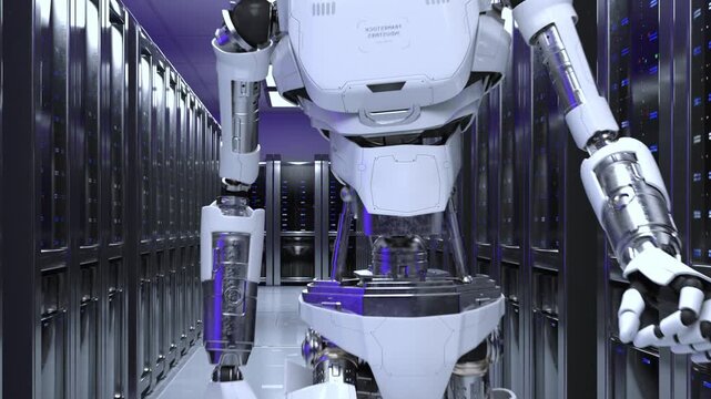 Advanced AI humanoid using holographic technology for digital analytics and automation.