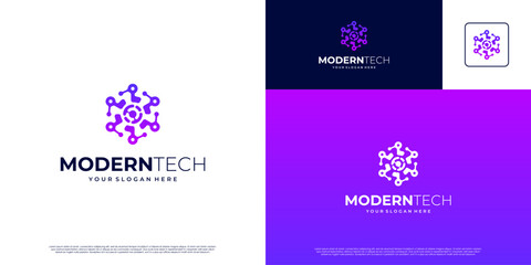 Fototapeta premium Circular abstract logo, with future technology concept, molecular shape symbol, network connection, vector graphic template.