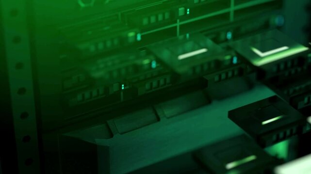 Slow motion close-up of computer hardware and server components displayed, technology