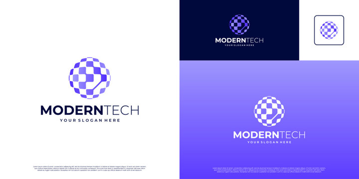 Modern technology logo, with abstract circular shape, global, vector design template.