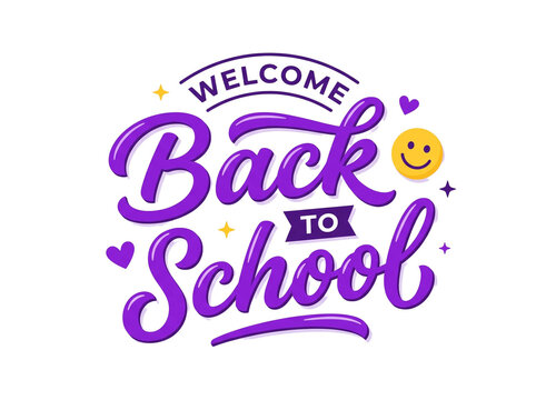 Welcome Back to School purple lettering, playful education typography with smiley face, vibrant school season greeting on white background