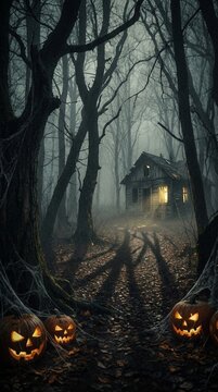 Eerie foggy forest path winding through dark woods, mysterious atmosphere, ancient trees shrouded in mist, perfect for horror or suspense cinematic scenes
