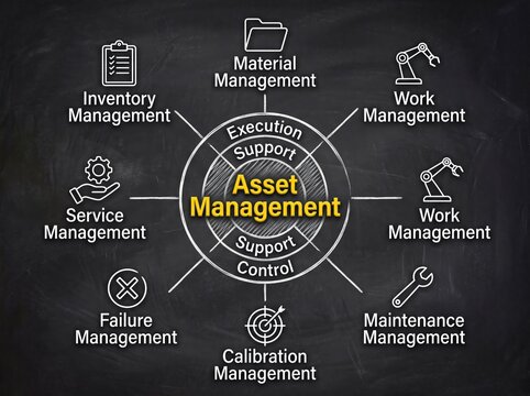 Asset management diagram on chalkboard. Business process workflow and industrial strategy.