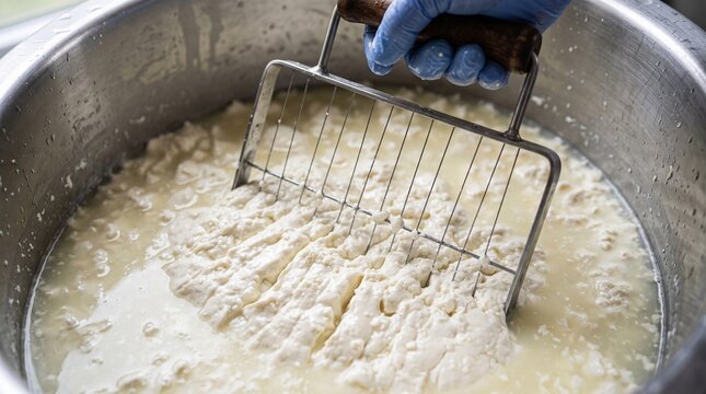 Close-up of a cheesemaker cutting thick white cheese curds in a large stainless steel vat using a wire cutter.