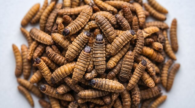 High quality pile of dried black soldier fly larvae for sustainable organic animal feed and alternative protein source agriculture industry concept
