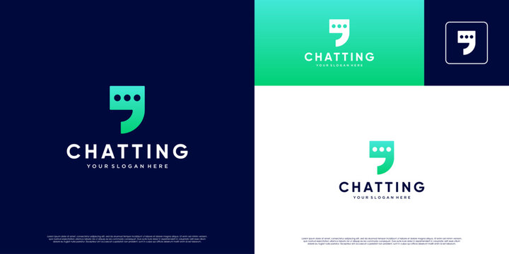 Chat bubble logo with comma symbol, punctuation, discussion, software, developer, vector graphic design.