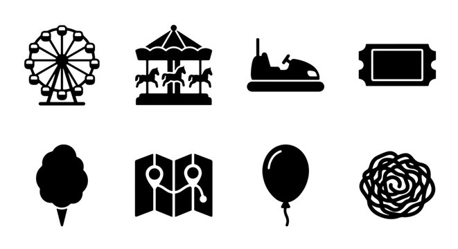 Amusement Park Icons Set: Ferris Wheel, Carousel, Bumper Cars, Ticket, Cotton Candy, Map, Balloon, Fairground Attraction Vector Graphics for Entertainment and Fun