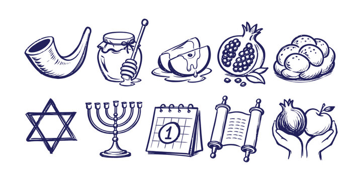 Rosh Hashanah Jewish New Year element collection doodle icon set vector illustration