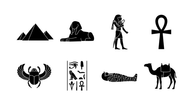 Egyptian Icons Collection: Pyramids, Sphinx, Pharaoh, Ankh, Scarab, Hieroglyphs, Mummy, Camel, Ancient Symbols Vector Set