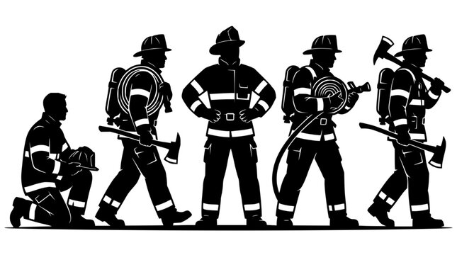 Firefighters set with heroic poses featuring brave rescuers, action silhouettes, and dynamic stances with flames and axes and helmets