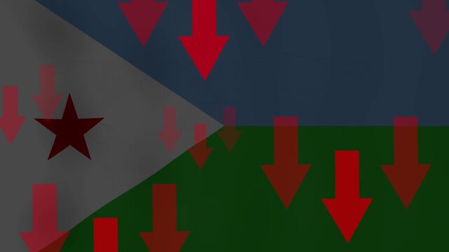 Djibouti Economic Downturn: Red arrows indicate a decline over the Djibouti flag, symbolizing economic recession or financial hardship in the nation.