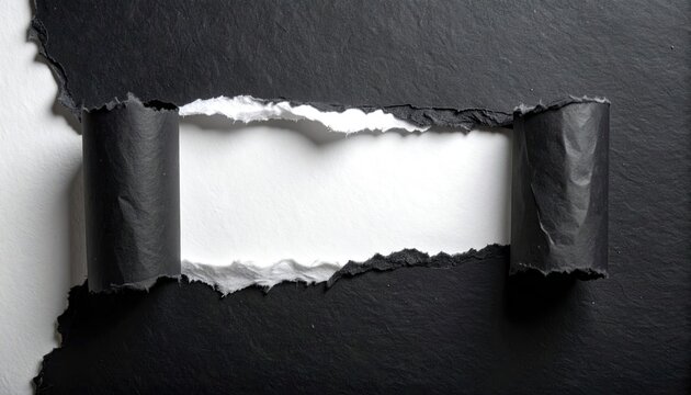 Torn black paper reveals stark white contrast, creating a dramatic void