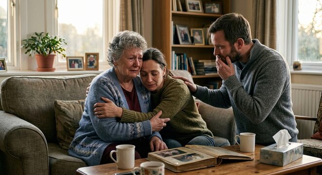 Family comforting crying elderly mother on sofa in living room looking at old photo album dealing with grief and loss.