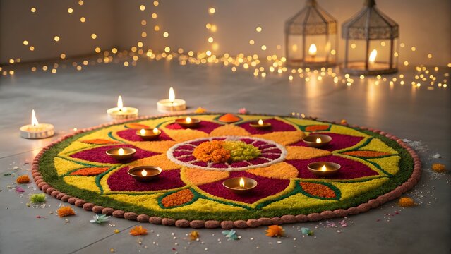 Diwali rangoli with flowers and candles. Traditional Indian festival floor decoration art.