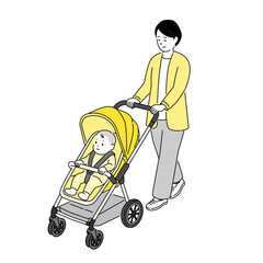 ベビーカーで赤ちゃんと散歩するママのイラスト © tiquitaca