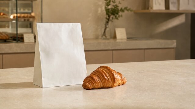 Blank white paper bag mockup beside a golden croissant on a beige stone counter in a bright modern bakery, ideal for packaging design, cafe branding and takeaway advertising