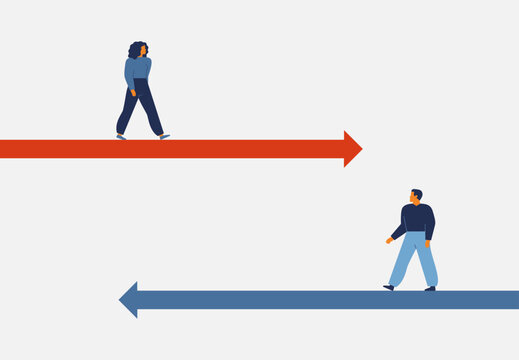 Gender career divergence. Man and woman move different ways. female empowerment, inequality, opposite direction divergence strategy. Vector illustration