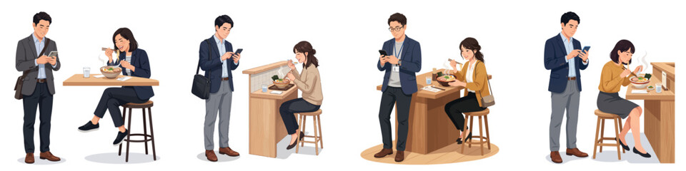 Obraz premium Asian Business People Eating Lunch and Using Smartphones Isolated Vector Illustration