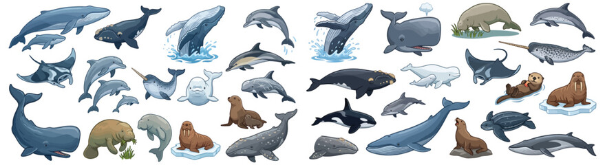 Fototapeta premium Marine Mammal and Ocean Wildlife Icon Set - Vector Collection of Whales, Dolphins, Seals, and Sea Life for Educational and Environmental Design Projects