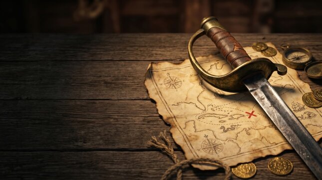 Vintage pirate sword resting on an old treasure map with gold coins on a rustic wooden table. Treasure hunt, adventure and exploration concept with copy space