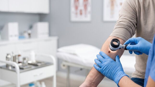 Dermatologist examining a patient's skin mole with a dermatoscope during a medical checkup. Skin cancer screening, melanoma prevention and dermatology healthcare concept