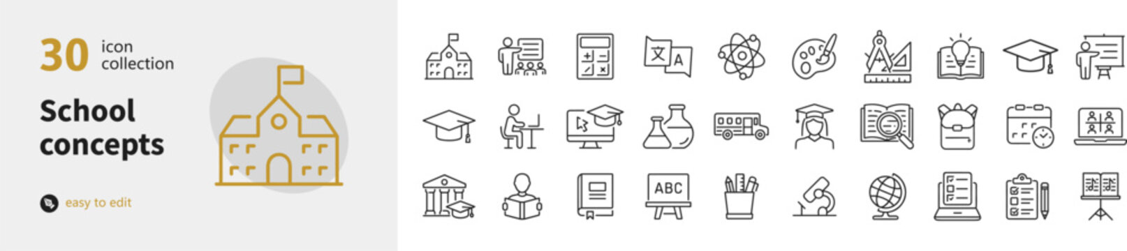 Set of 30 education and school building linear icons with education building learning academic classroom