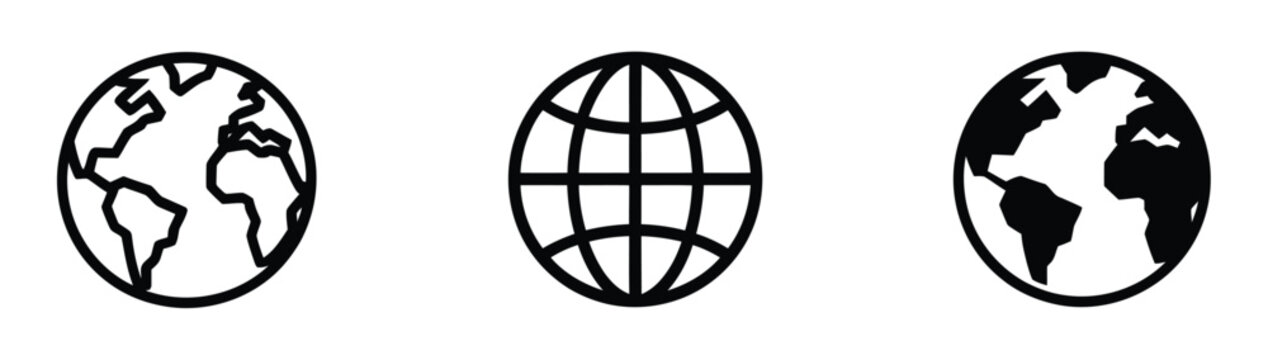Globe icon set, web symbol, website homepage icons, internet navigation, world wide web, earth globe, browser interface, vector illustration.