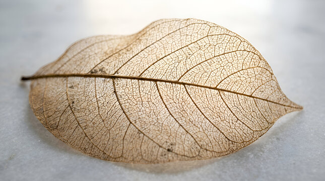 Skeletonized brown leaf with delicate vein structure plant life skeleton skeletonized structure close-up delicate minimalist background botanical biological withered contrast translucent