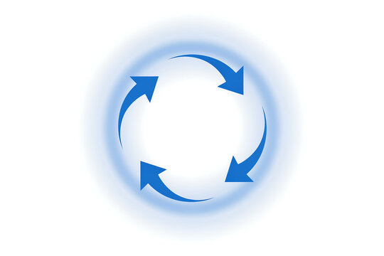 Blue circular refresh arrows icon representing process or recycling with circular rotation recycling arrowhead direction progress abstract