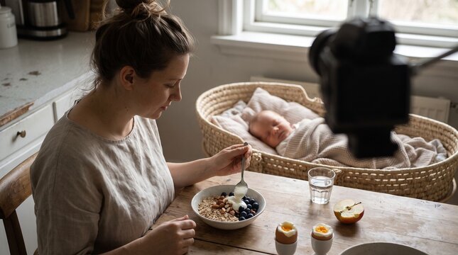A mother recording a vlog while eating healthy breakfast next to her sleeping newborn baby in a Moses basket at home