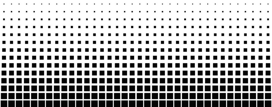 Pattern with repeated descreasing square shapes. Black quadrangular dots on white background with gradient effect. Geometric mosaic texture. Minimalistic checkered print. Vector graphic illustration