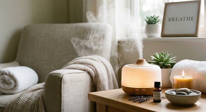 Modern aromatherapy diffuser emitting steam next to lavender and a candle in a cozy, bright home interior setting.