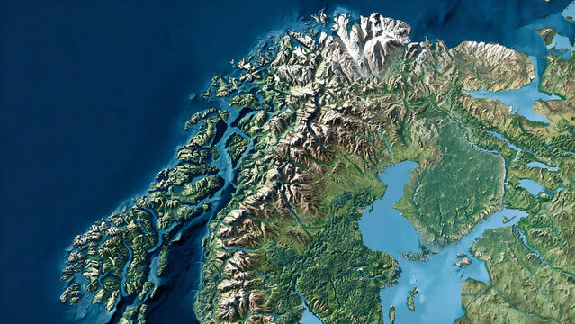 Scandinavian Peninsula relief map highlighting dark green fjords and mountain valleys. Ideal for travel guides and geographical articles.