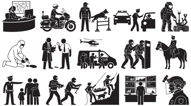 Police Law Enforcement And Emergency Response Silhouette Icons Set Showing Police, SWAT, Rescue, Bomb Squad, Dispatch 