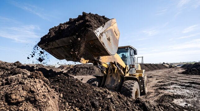 Yellow wheel loader scooping soil at an industrial site under clear blue sky heavy duty machinery industrial technology abstract concept