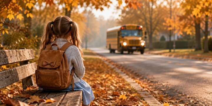 Little schoolgirl with backpack sitting on a bench waiting for a yellow school bus on a beautiful autumn morning. Back to school concept