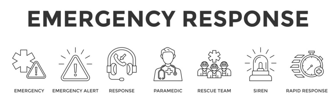 Emergency Response  Banner Web  Icon Set Collection Pack Vector Illustration Concept Containing Emergency, Emergency Alert, Response, Paramedic, Rescue Team, Siren, Rapid Response