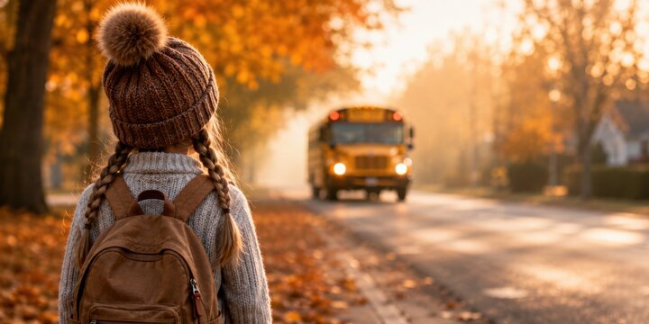 Rear view of a little schoolgirl with backpack waiting for a yellow school bus on an autumn morning. Back to school concept featuring education, childhood, daily school commute and safe transportation