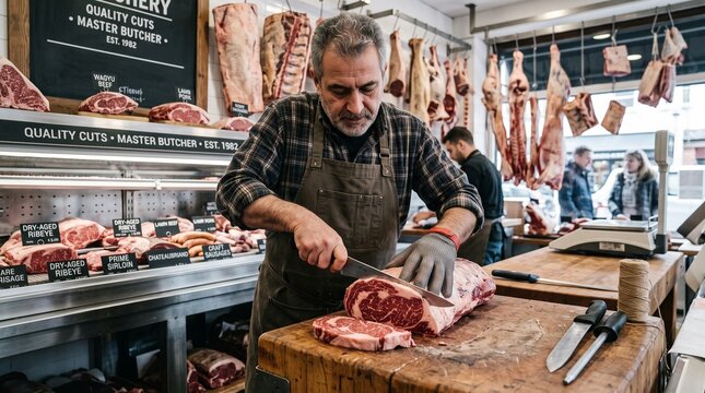 Professional master butcher cutting large raw beef ribeye steak on wooden block in butchery.