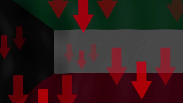 Kuwait Flag Decline: A symbolic representation of decline, featuring the Kuwaiti flag overlaid with numerous red downward-pointing arrows, suggesting economic downturn or negative trends.