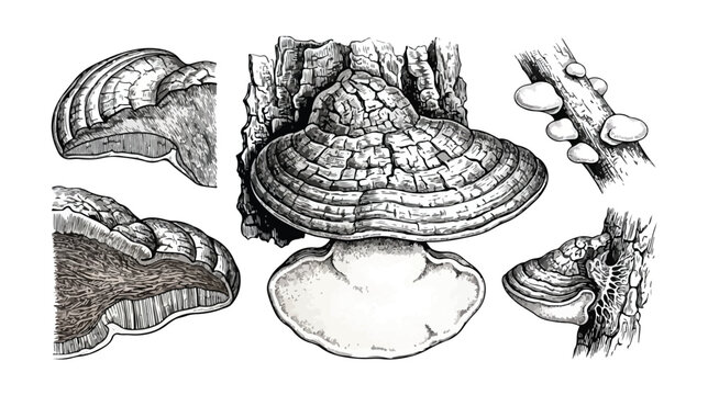 Vintage botanical mushroom illustration set, hand drawn wood fungus on tree bark, black and white engraved polypore fungi sketches for nature design